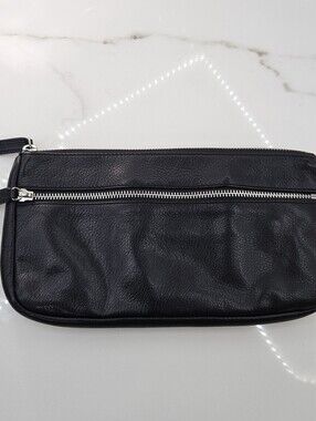 Levenger Black Pebbled Leather Zip Utility Pouch Toiletries Organizer Travel Bag